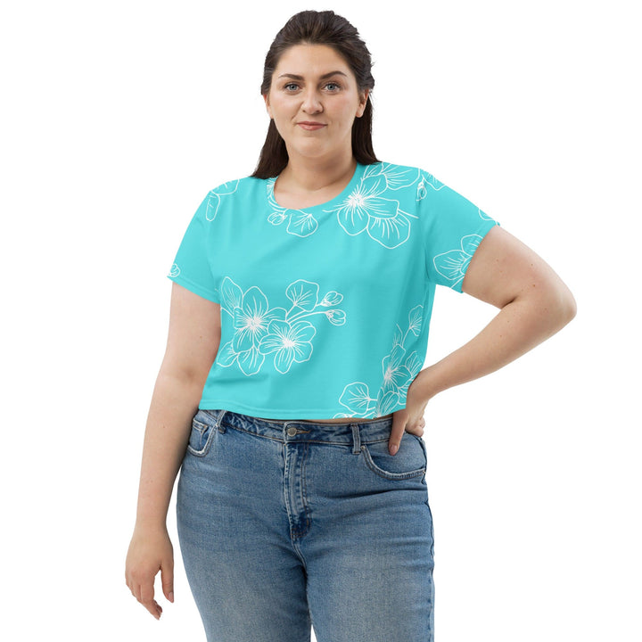 Womens Stretch Fit Crop Tee T-shirt Jersey - Floral Cyan Blue 7022523