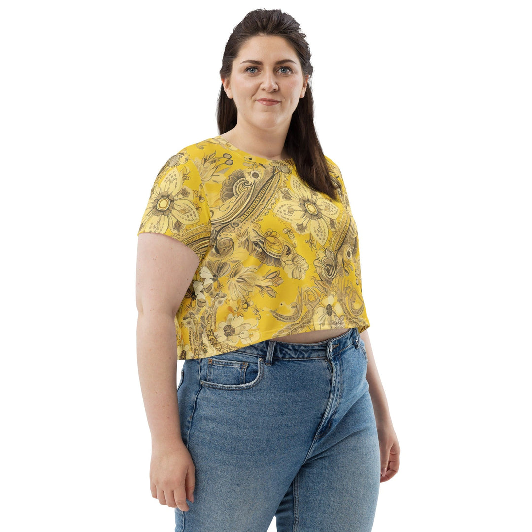 Womens Stretch Fit Crop Tee T-shirt Jersey - Floral Yellow Bandanna Print