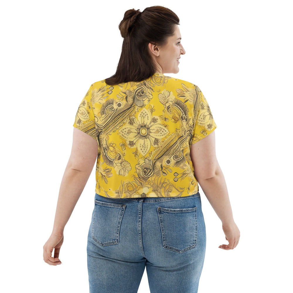 Womens Stretch Fit Crop Tee T-shirt Jersey - Floral Yellow Bandanna Print
