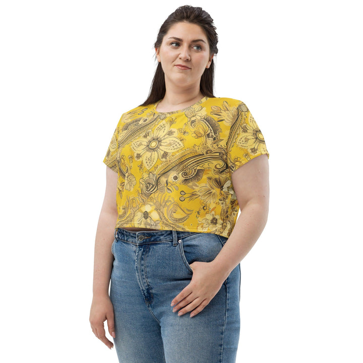 Womens Stretch Fit Crop Tee T-shirt Jersey - Floral Yellow Bandanna Print