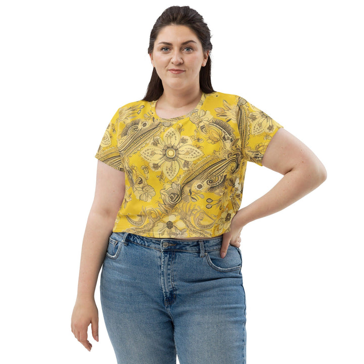 Womens Stretch Fit Crop Tee T-shirt Jersey - Floral Yellow Bandanna Print