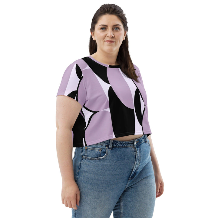 Womens Stretch Fit Crop Tee T-shirt Jersey - Geometric Lavender and Black