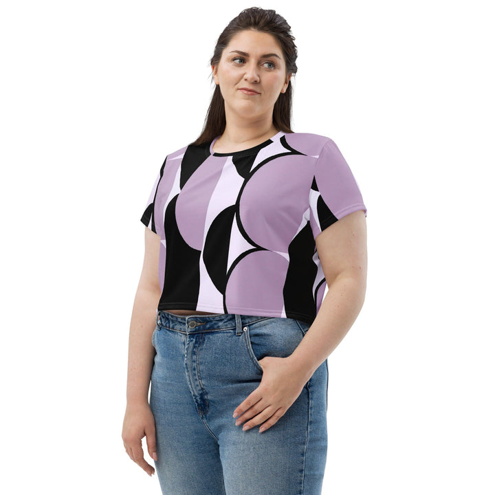 Womens Stretch Fit Crop Tee T-shirt Jersey - Geometric Lavender and Black