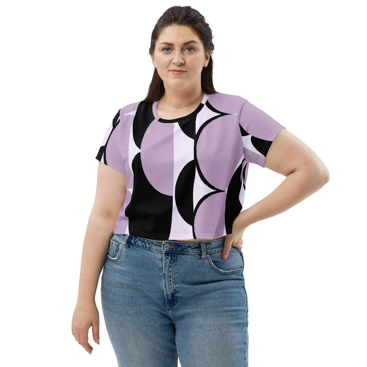 Womens Stretch Fit Crop Tee T-shirt Jersey - Geometric Lavender and Black