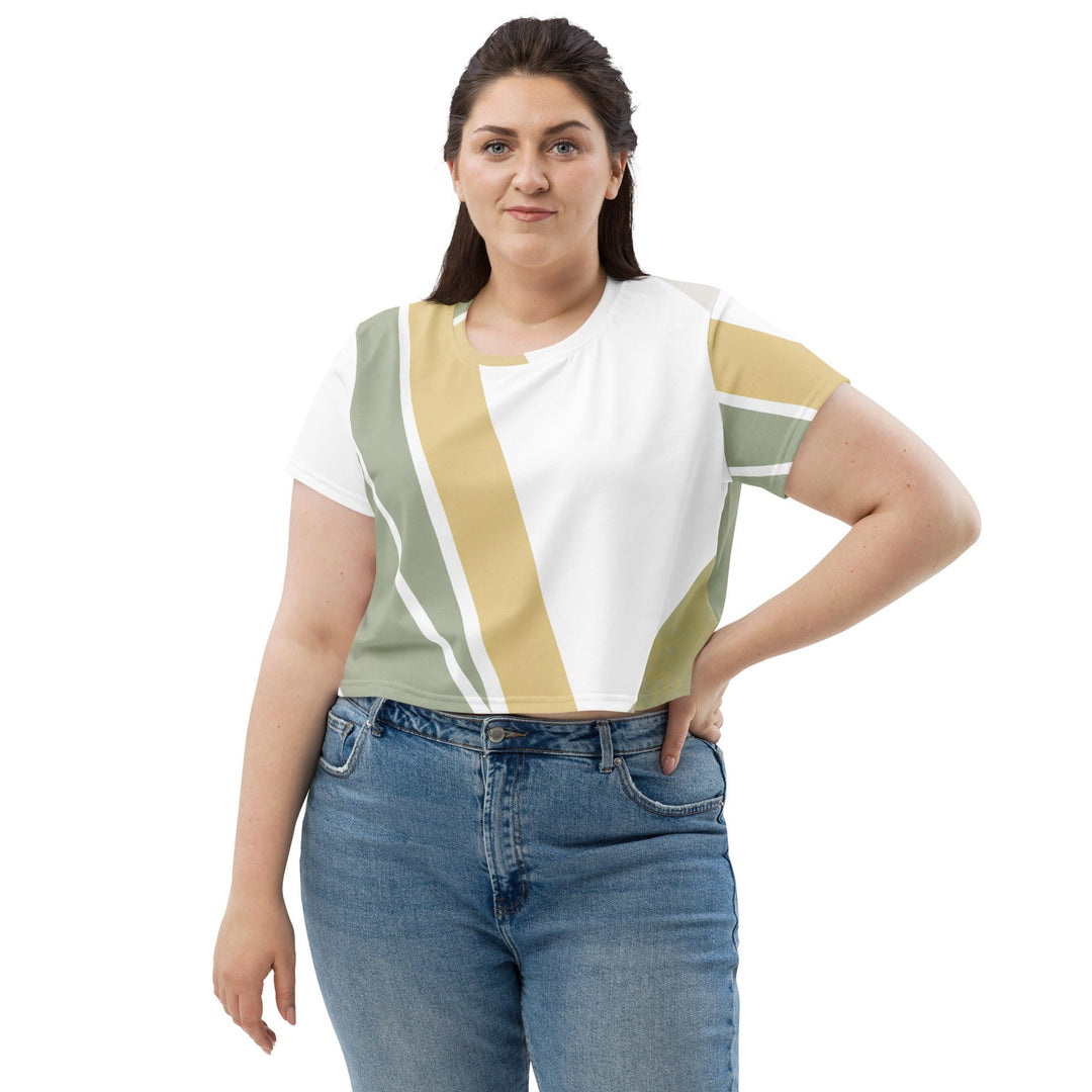 Womens Stretch Fit Crop Tee T-shirt Jersey - Green Abstract Geometric Pattern