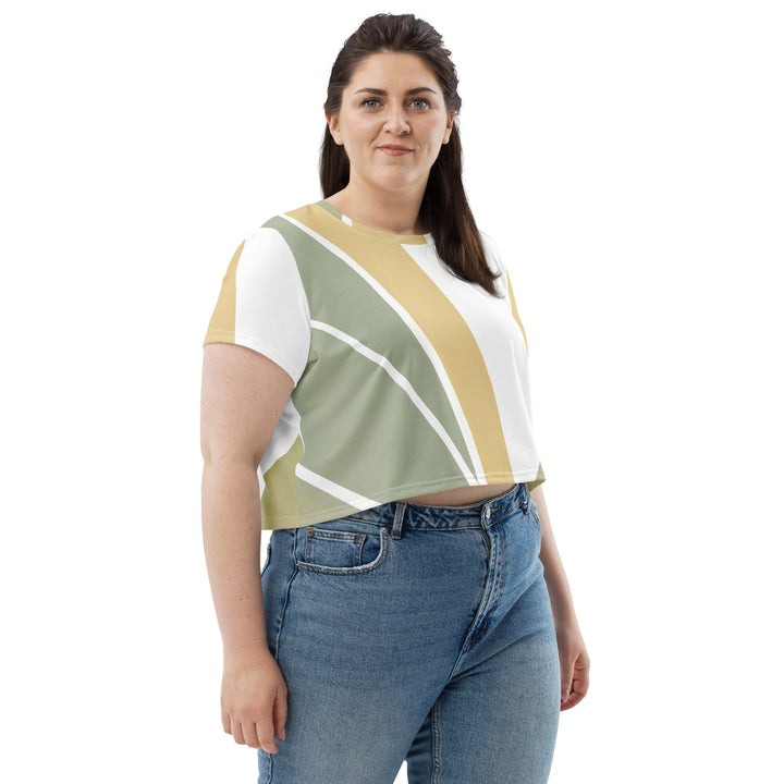 Womens Stretch Fit Crop Tee T-shirt Jersey - Green Abstract Geometric Pattern