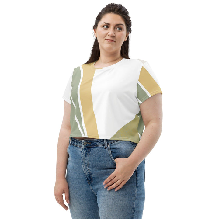 Womens Stretch Fit Crop Tee T-shirt Jersey - Green Abstract Geometric Pattern