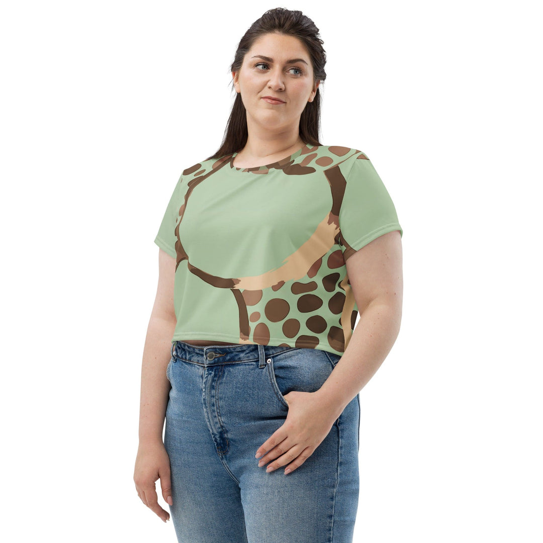 Womens Stretch Fit Crop Tee T-shirt Jersey - Green Beige Spotted Print