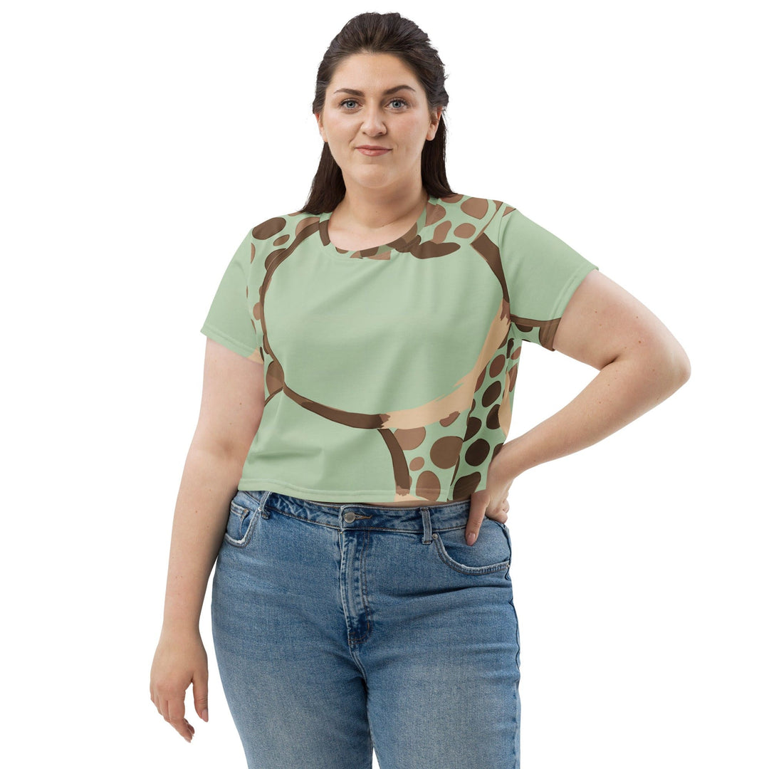 Womens Stretch Fit Crop Tee T-shirt Jersey - Green Beige Spotted Print