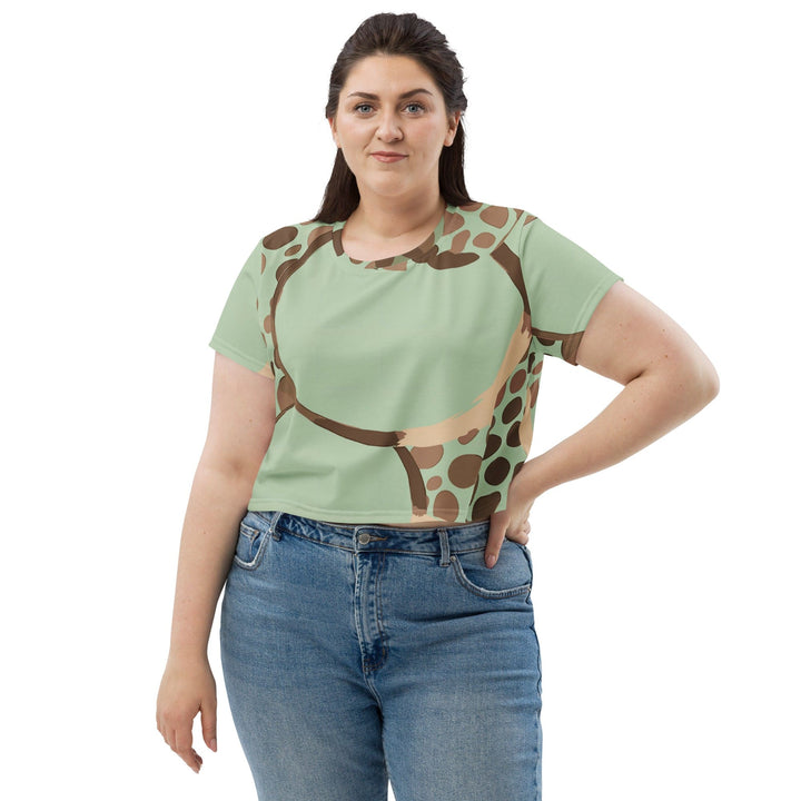 Womens Stretch Fit Crop Tee T-shirt Jersey - Green Beige Spotted Print