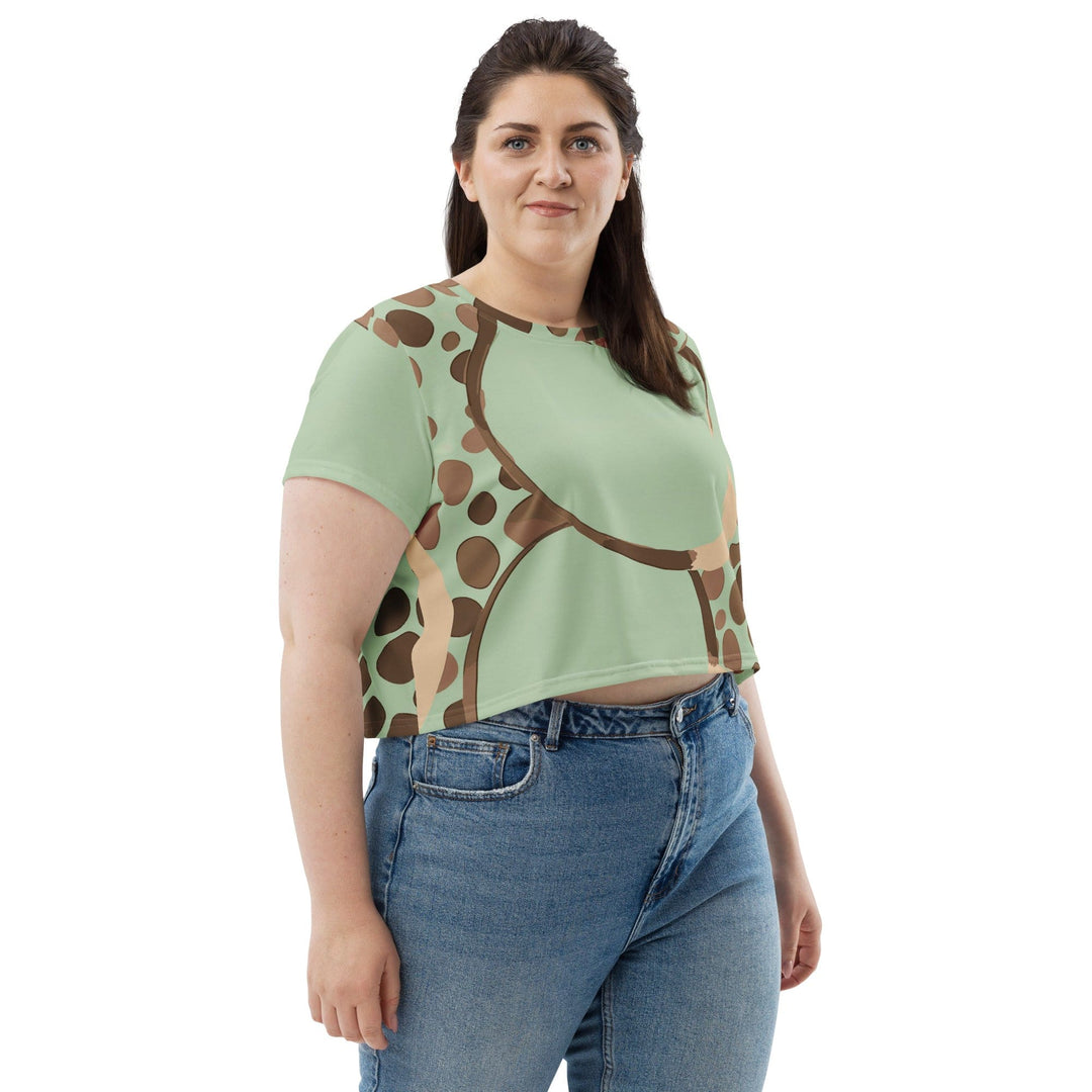 Womens Stretch Fit Crop Tee T-shirt Jersey - Green Beige Spotted Print