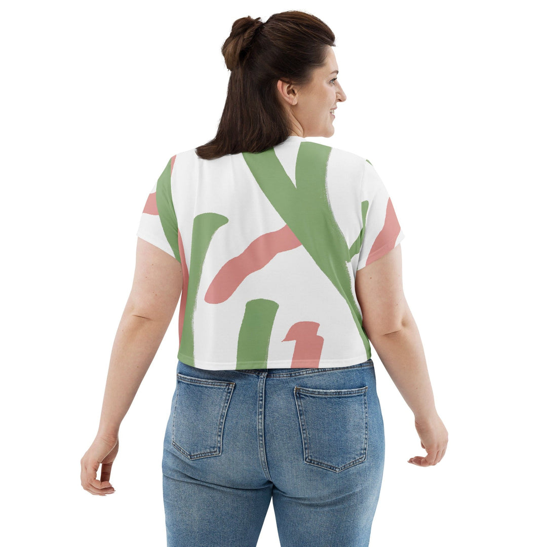 Womens Stretch Fit Crop Tee T-shirt Jersey - Green Mauve Abstract Brush Stroke