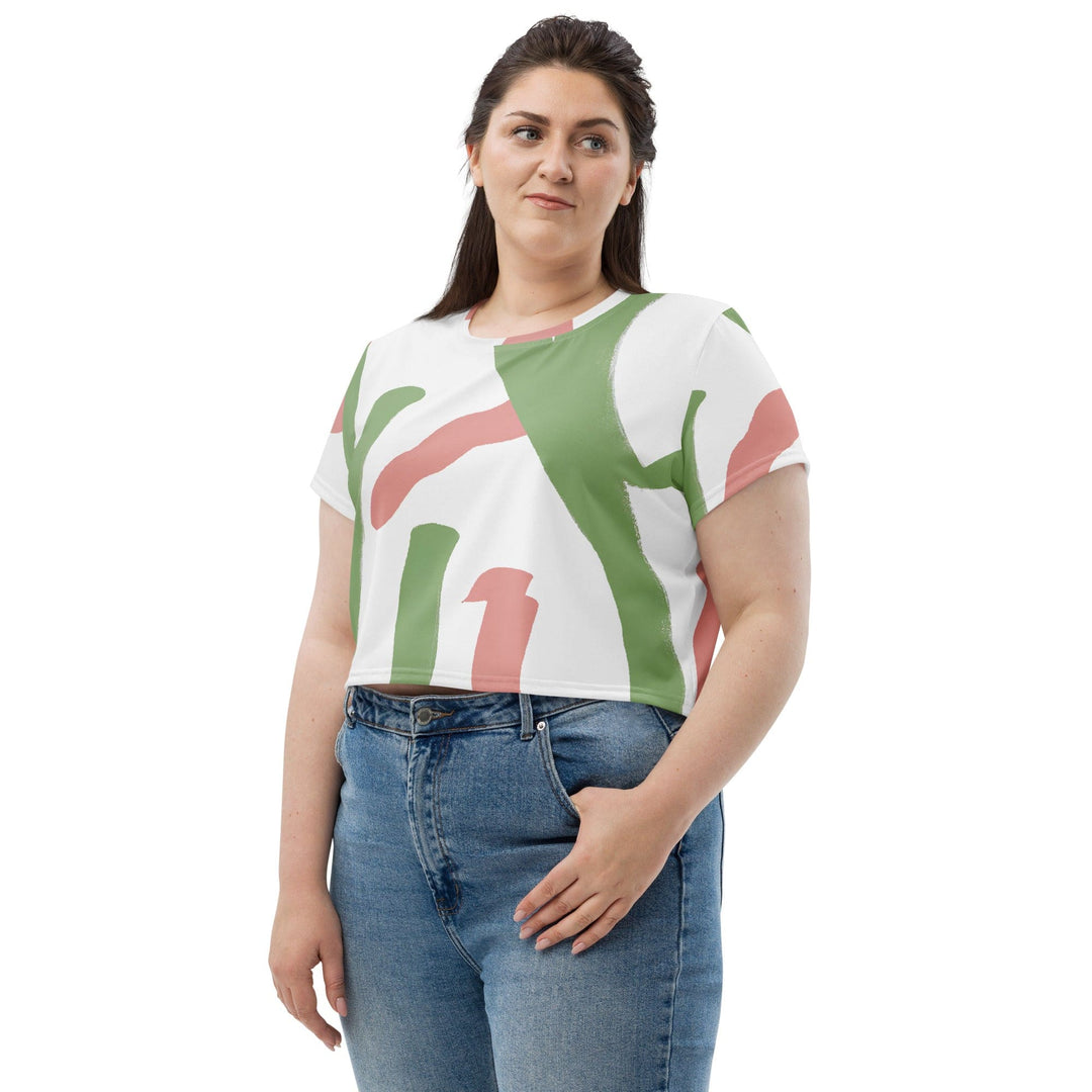 Womens Stretch Fit Crop Tee T-shirt Jersey - Green Mauve Abstract Brush Stroke