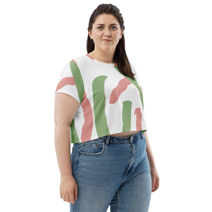 Womens Stretch Fit Crop Tee T-shirt Jersey - Green Mauve Abstract Brush Stroke