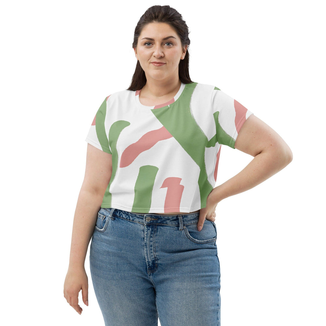 Womens Stretch Fit Crop Tee T-shirt Jersey - Green Mauve Abstract Brush Stroke