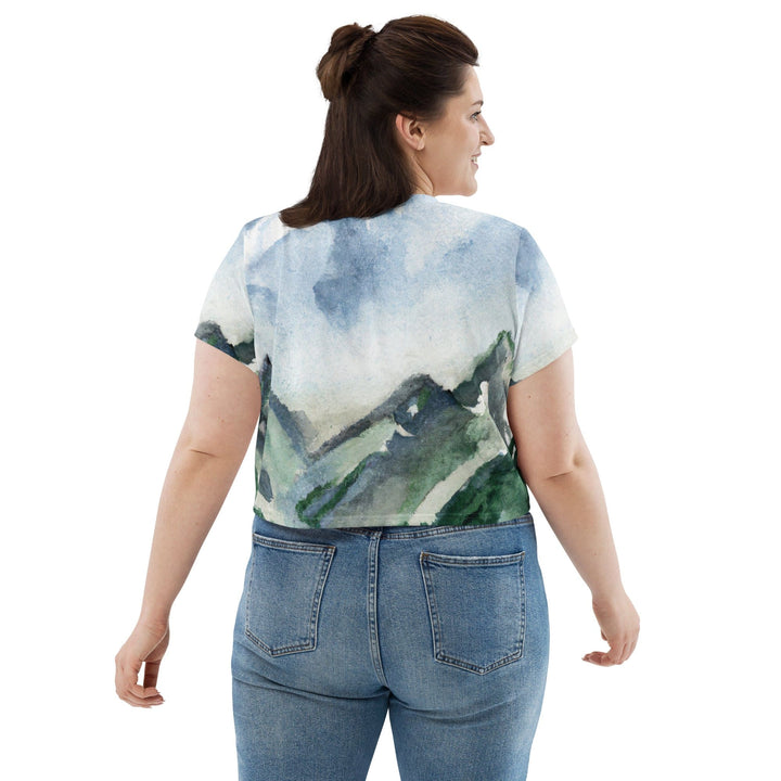 Womens Stretch Fit Crop Tee T-shirt Jersey - Green Mountainside Nature