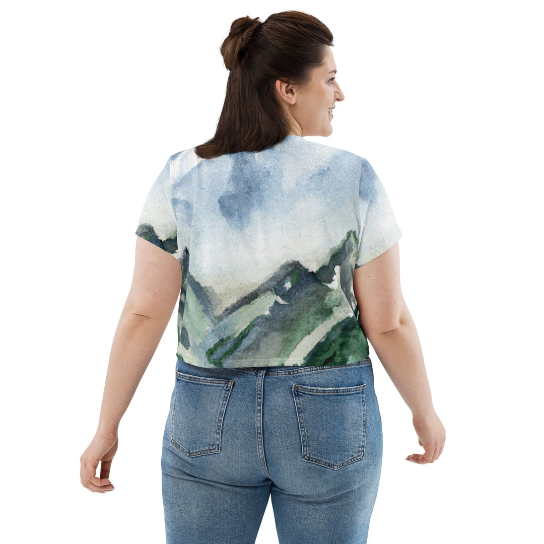 Womens Stretch Fit Crop Tee T-shirt Jersey - Green Mountainside Nature