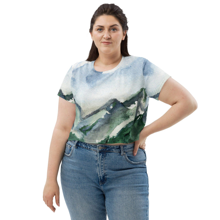 Womens Stretch Fit Crop Tee T-shirt Jersey - Green Mountainside Nature