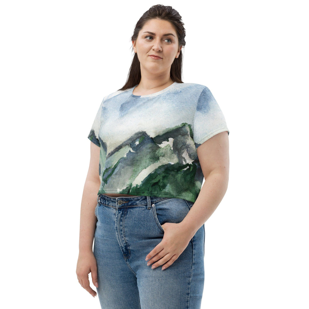 Womens Stretch Fit Crop Tee T-shirt Jersey - Green Mountainside Nature