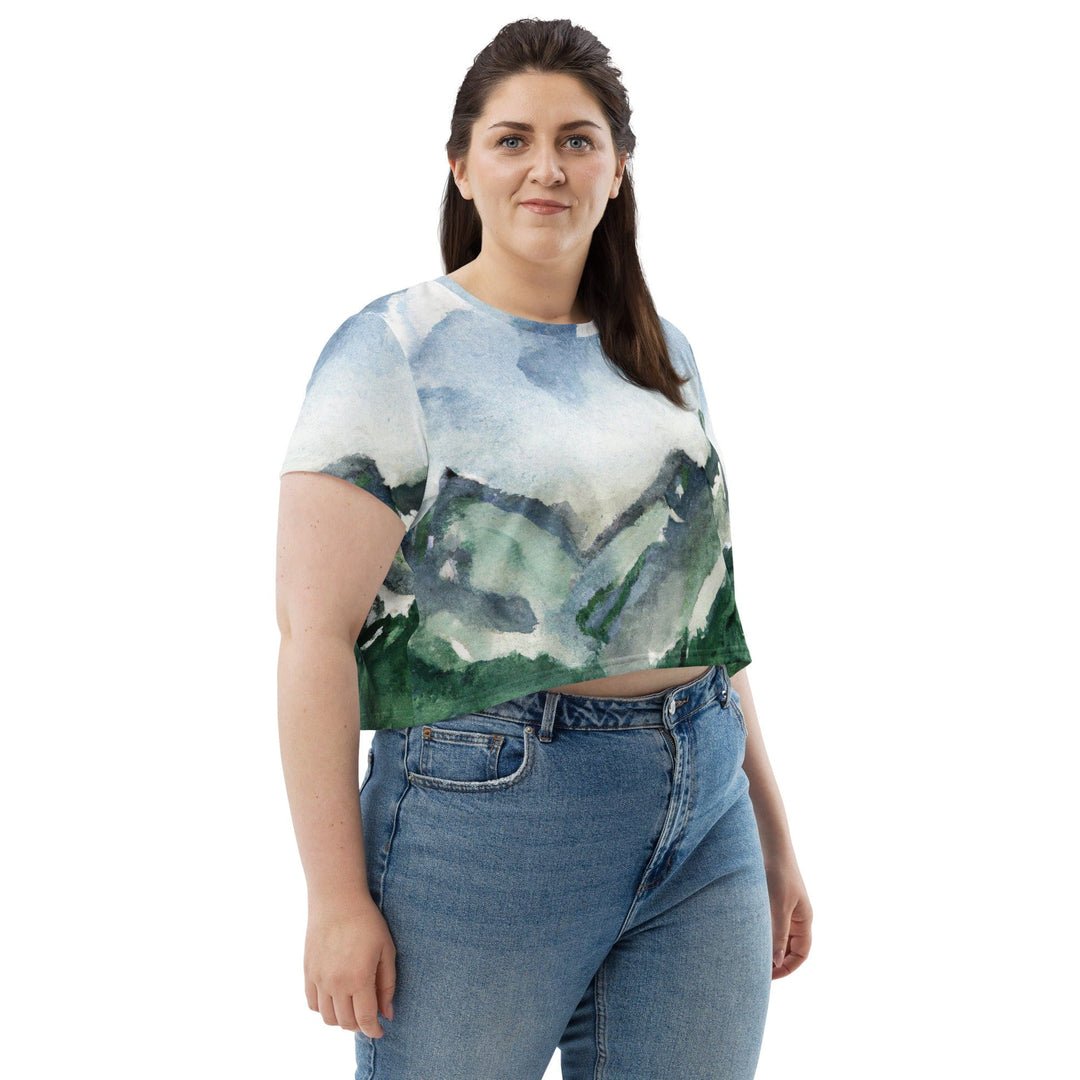 Womens Stretch Fit Crop Tee T-shirt Jersey - Green Mountainside Nature