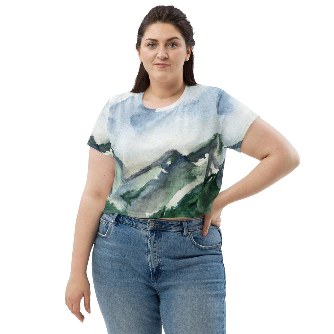 Womens Stretch Fit Crop Tee T-shirt Jersey - Green Mountainside Nature