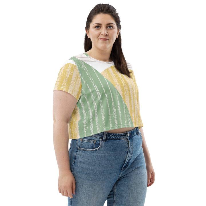 Womens Stretch Fit Crop Tee T-shirt Jersey - Green Textured Boho Pattern