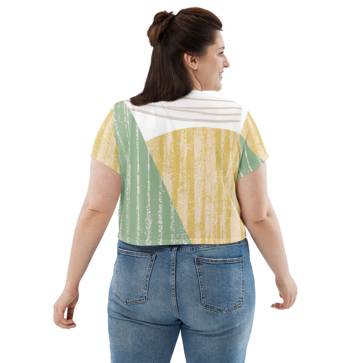 Womens Stretch Fit Crop Tee T-shirt Jersey - Green Textured Boho Pattern