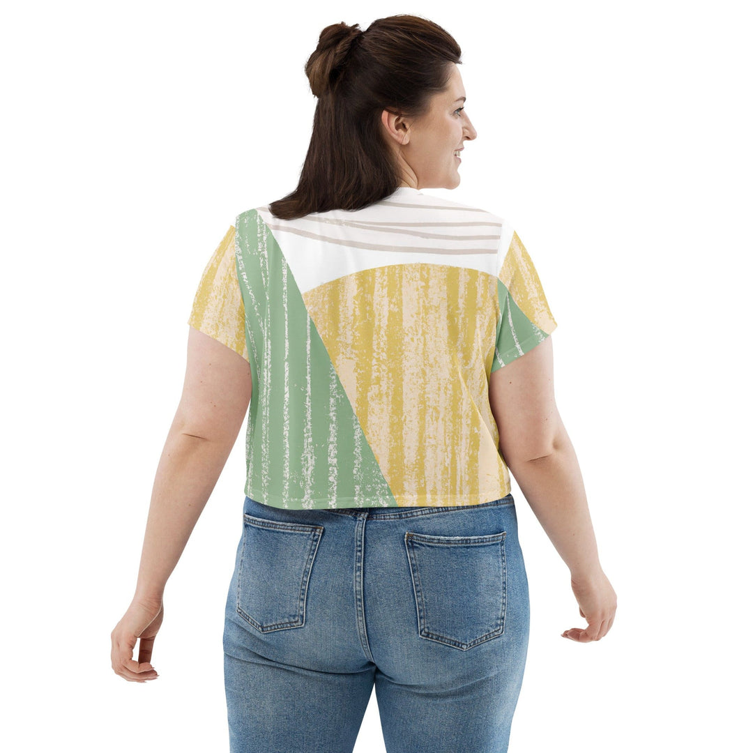 Womens Stretch Fit Crop Tee T-shirt Jersey - Green Textured Boho Pattern