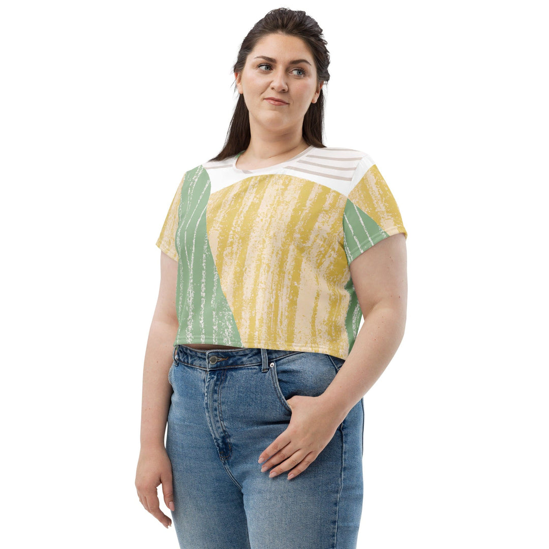 Womens Stretch Fit Crop Tee T-shirt Jersey - Green Textured Boho Pattern