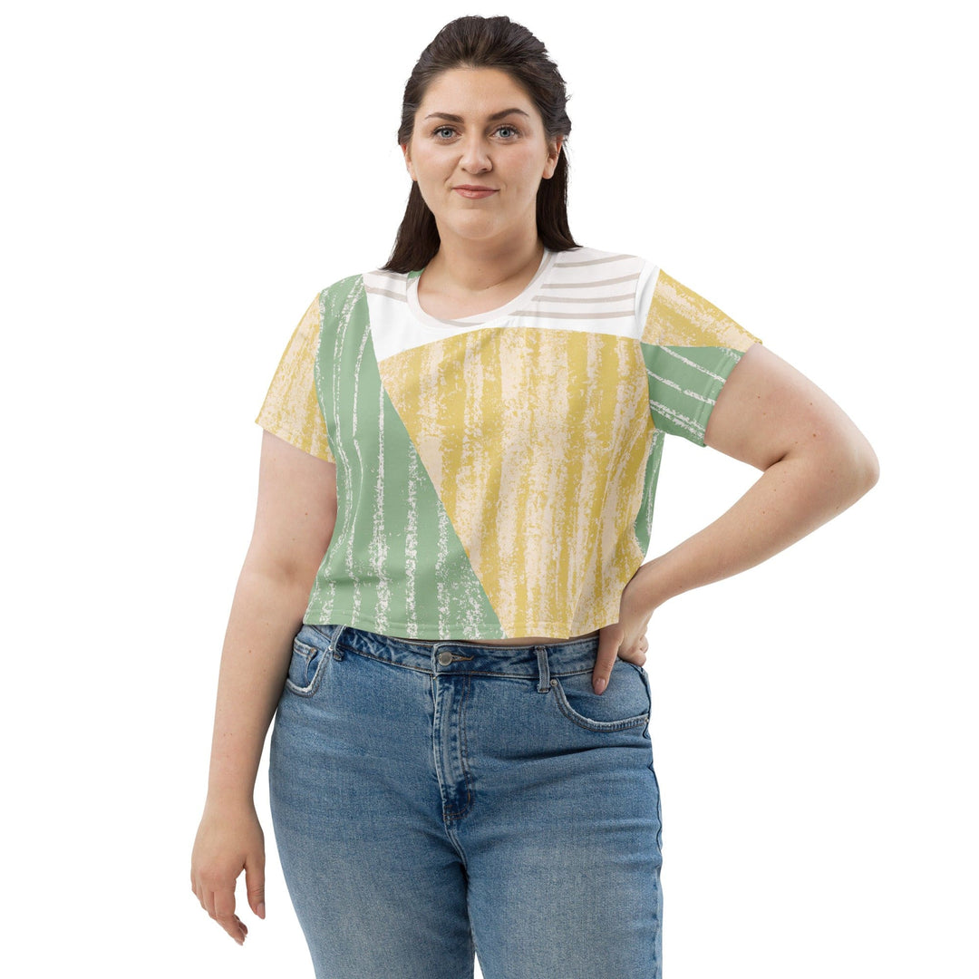 Womens Stretch Fit Crop Tee T-shirt Jersey - Green Textured Boho Pattern