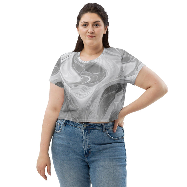 Womens Stretch Fit Crop Tee T-shirt Jersey - Grey White Boho Marble Print