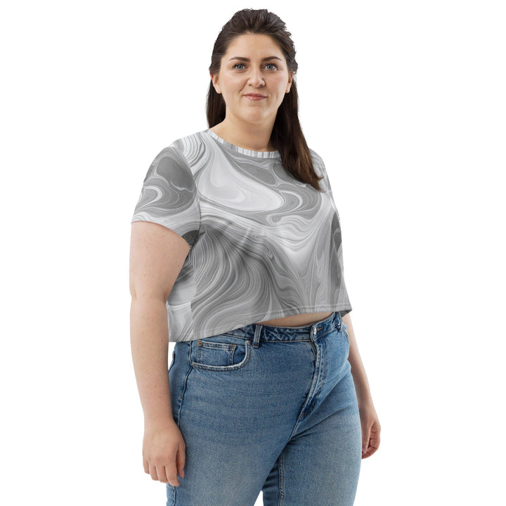 Womens Stretch Fit Crop Tee T-shirt Jersey - Grey White Boho Marble Print