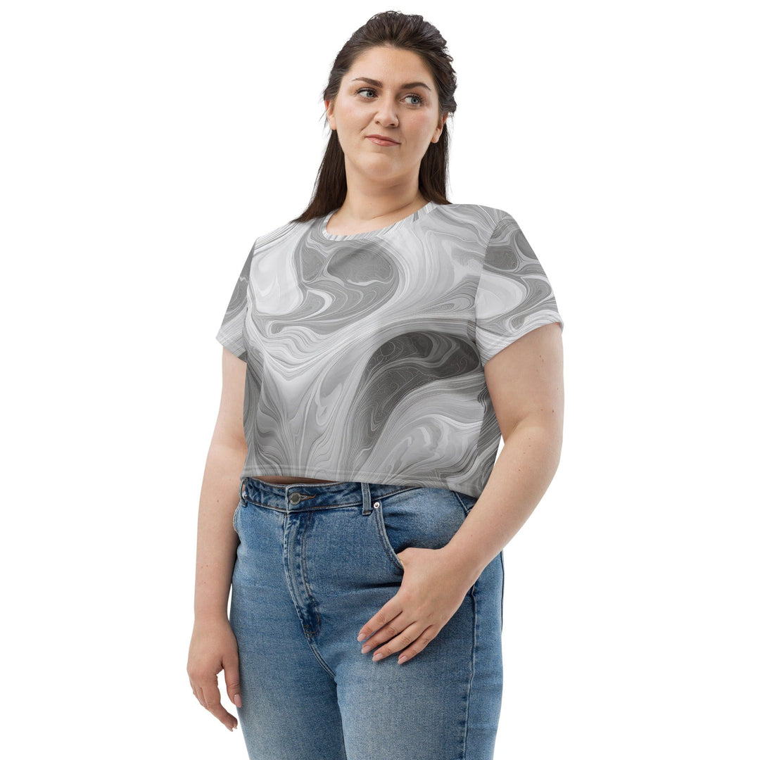 Womens Stretch Fit Crop Tee T-shirt Jersey - Grey White Boho Marble Print