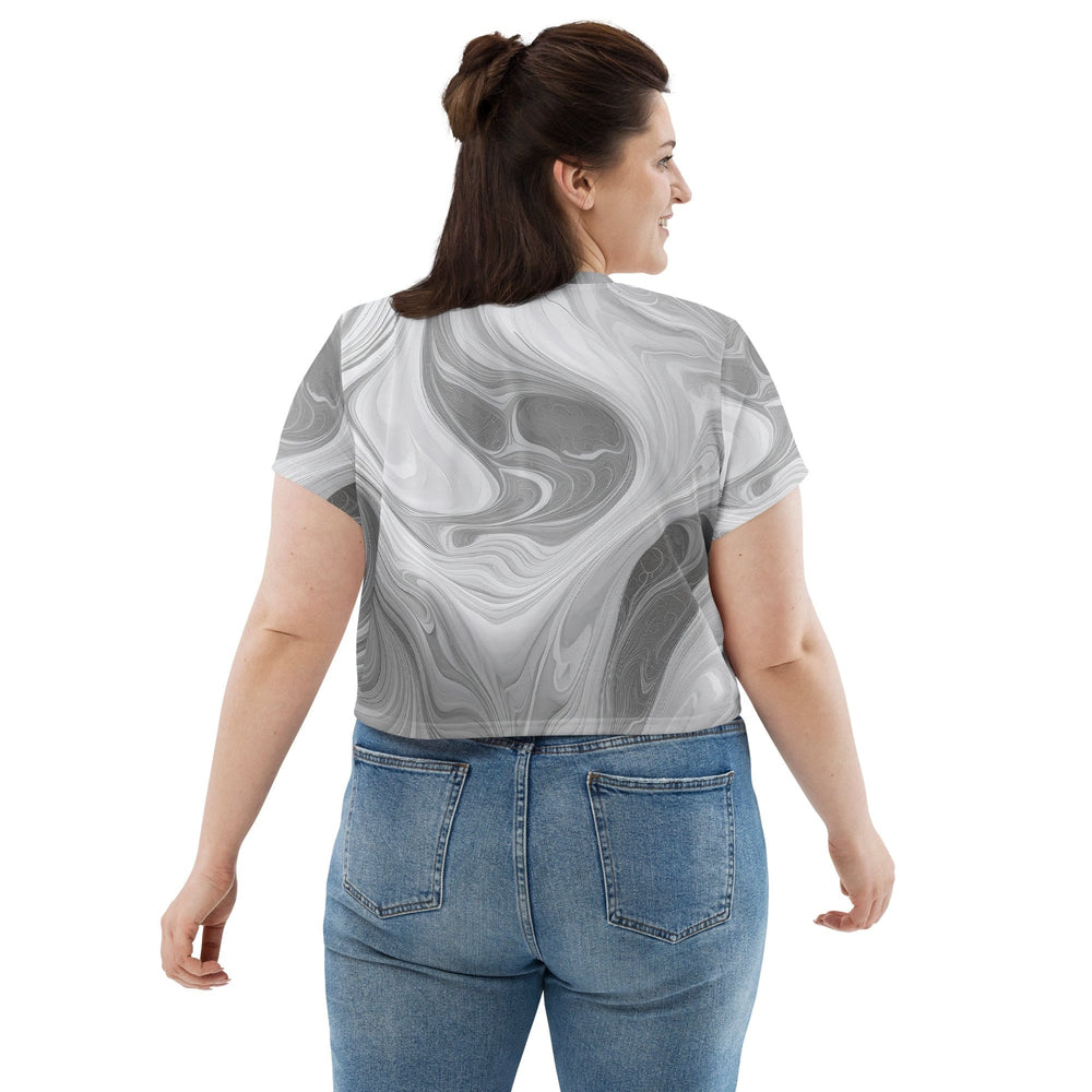 Womens Stretch Fit Crop Tee T-shirt Jersey - Grey White Boho Marble Print
