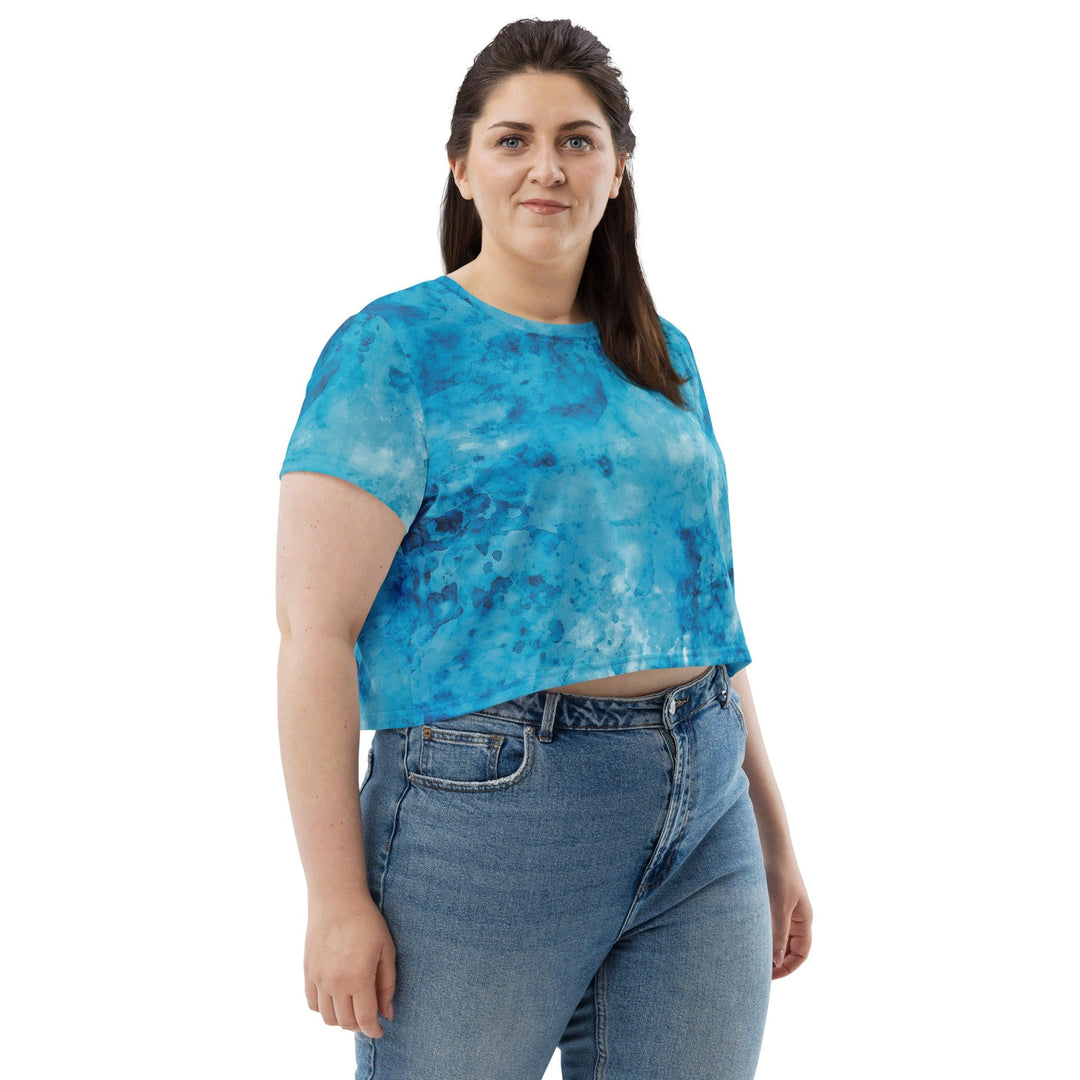 Womens Stretch Fit Crop Tee T-shirt Jersey - Blue Marble Print