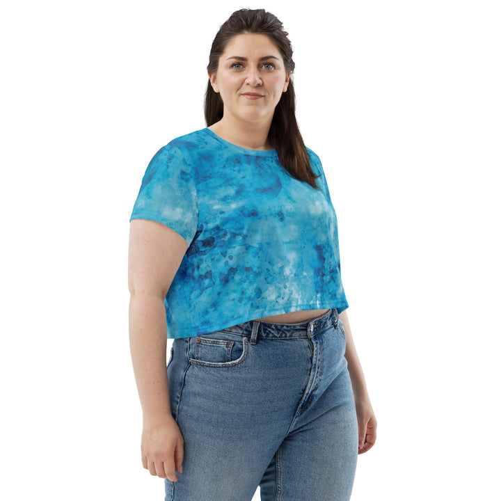 Womens Stretch Fit Crop Tee T-shirt Jersey - Blue Marble Print