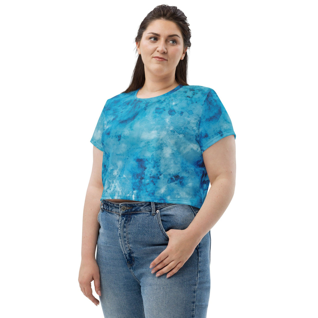 Womens Stretch Fit Crop Tee T-shirt Jersey - Blue Marble Print