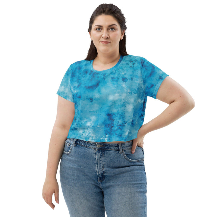 Womens Stretch Fit Crop Tee T-shirt Jersey - Blue Marble Print