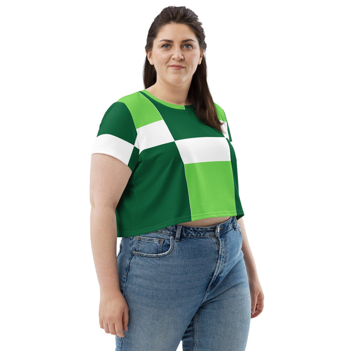 Womens Stretch Fit Crop Tee T-shirt Jersey - Green White Colorblock Grid Lines