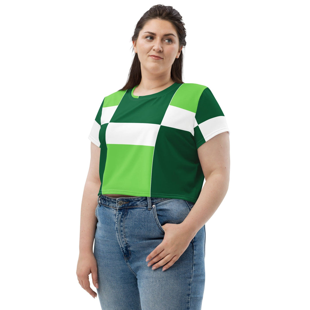 Womens Stretch Fit Crop Tee T-shirt Jersey - Green White Colorblock Grid Lines