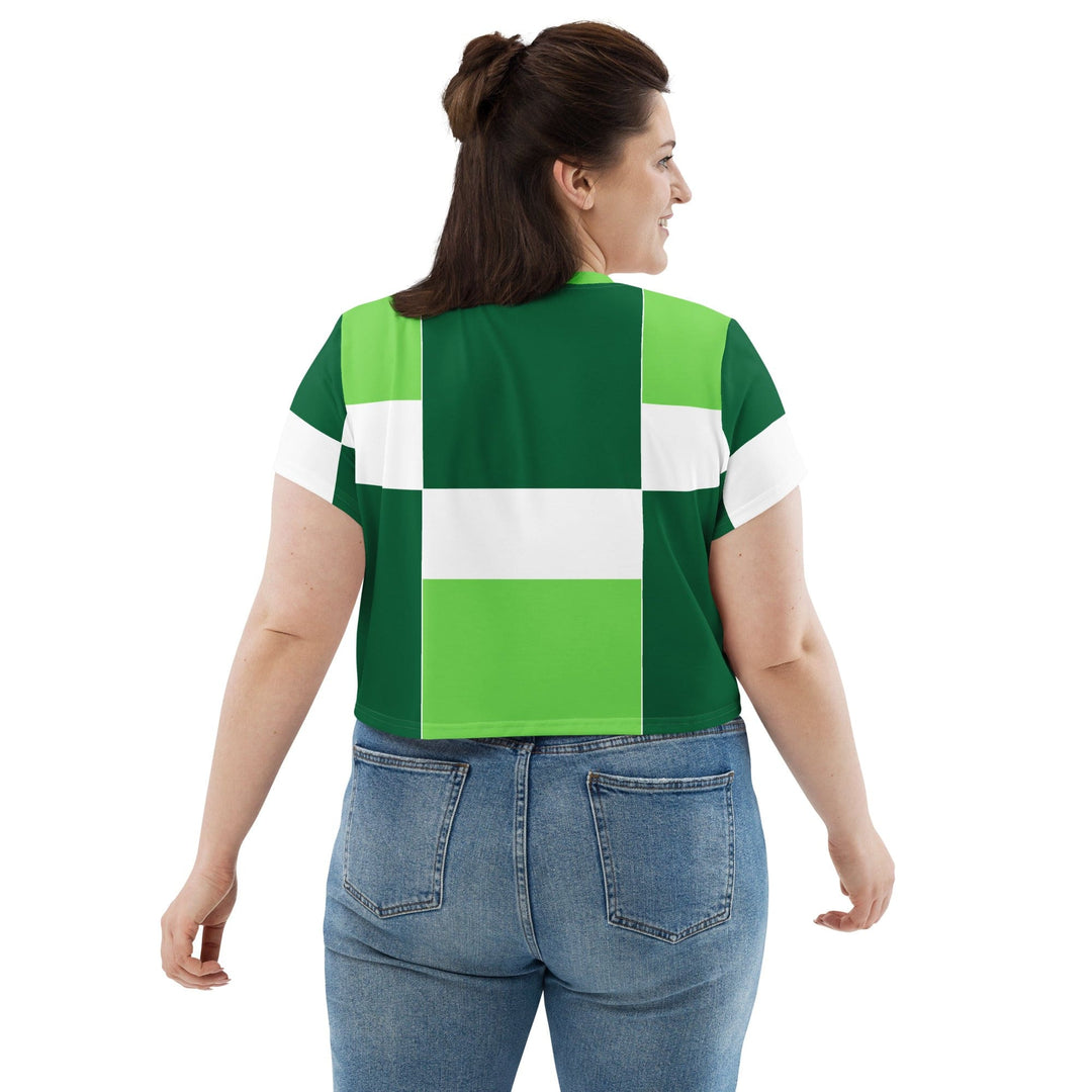 Womens Stretch Fit Crop Tee T-shirt Jersey - Green White Colorblock Grid Lines