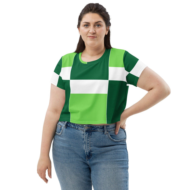 Womens Stretch Fit Crop Tee T-shirt Jersey - Green White Colorblock Grid Lines