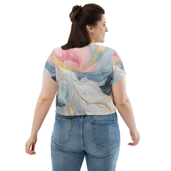 Womens Stretch Fit Crop Tee T-shirt Jersey - Marble Cloud of Grey Pink Blue