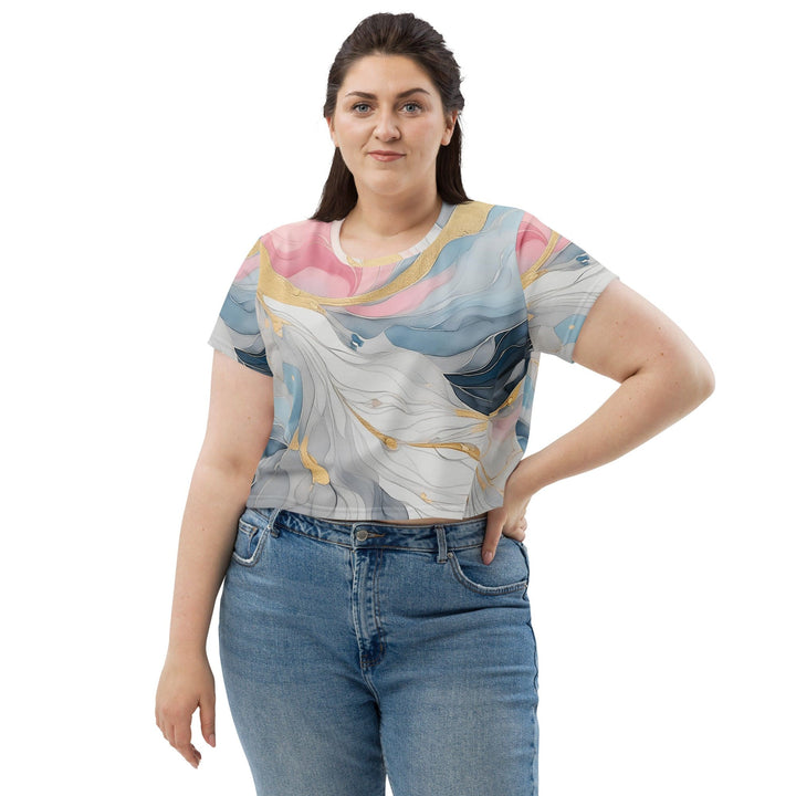 Womens Stretch Fit Crop Tee T-shirt Jersey - Marble Cloud of Grey Pink Blue