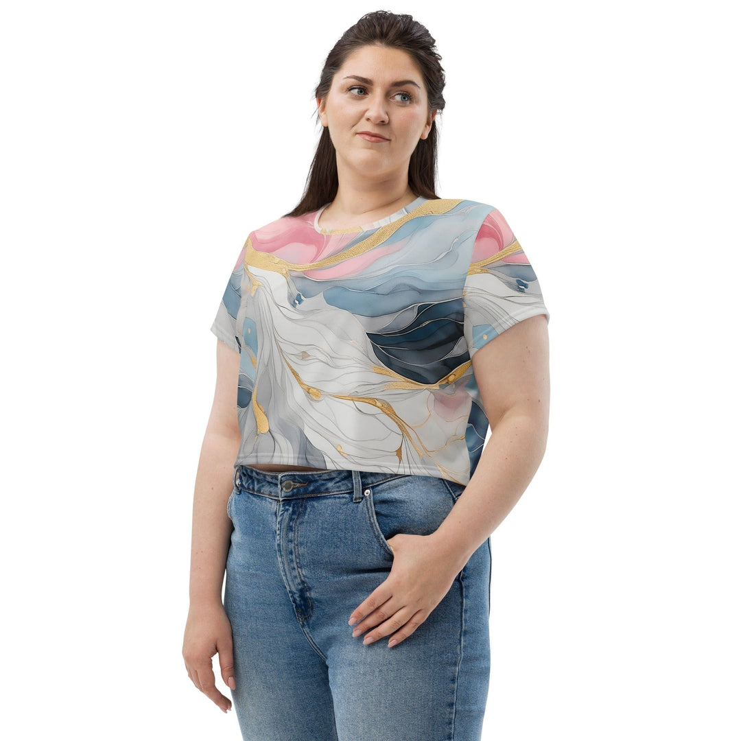 Womens Stretch Fit Crop Tee T-shirt Jersey - Marble Cloud of Grey Pink Blue
