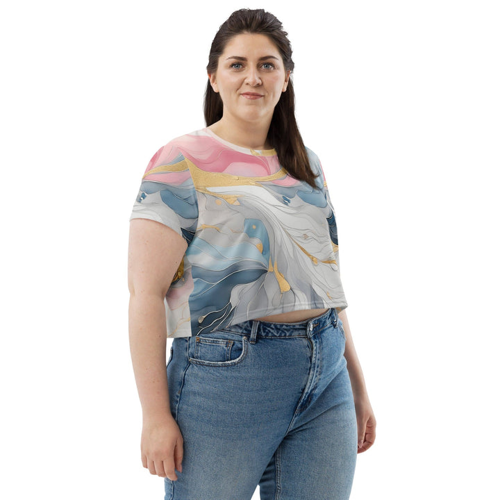 Womens Stretch Fit Crop Tee T-shirt Jersey - Marble Cloud of Grey Pink Blue