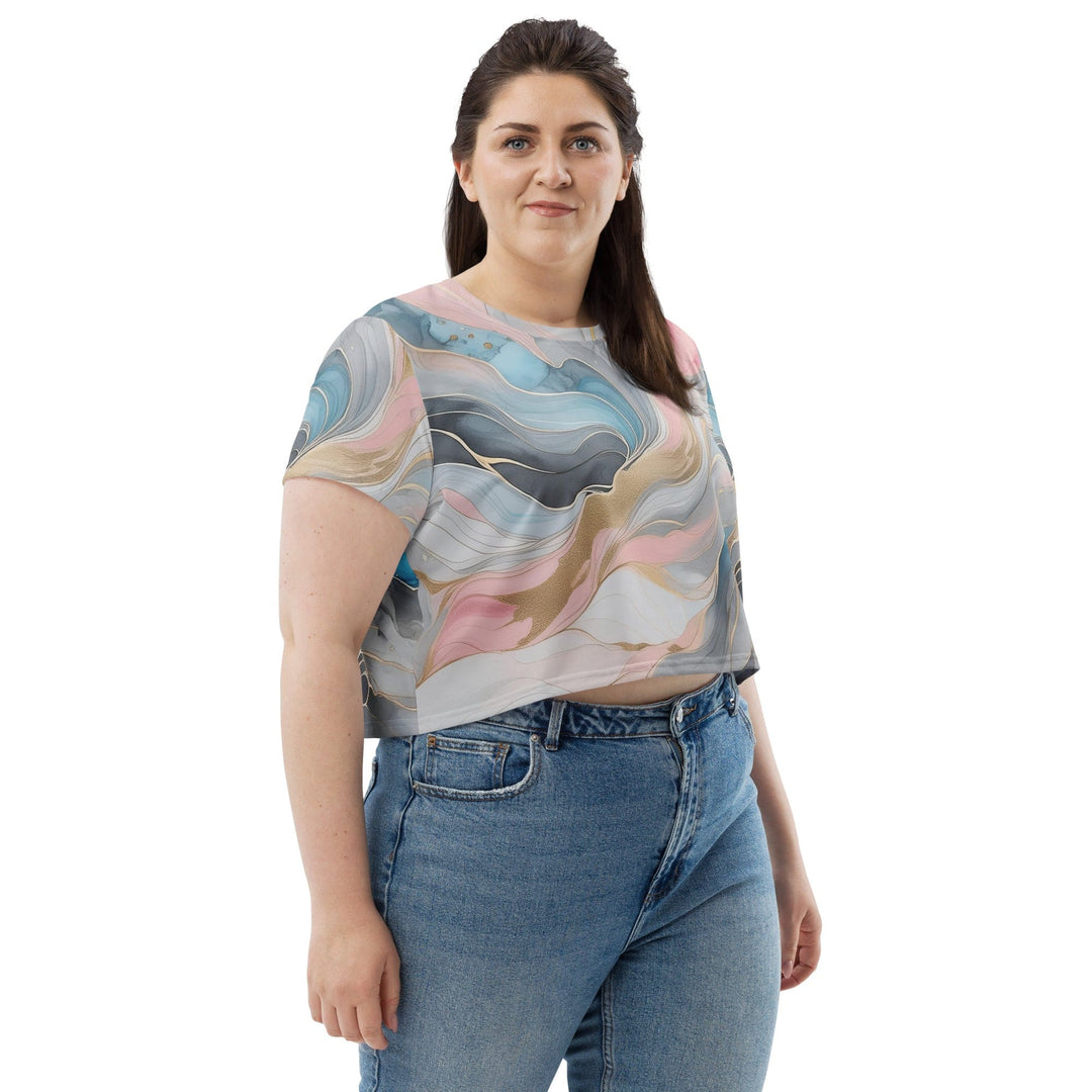 Womens Stretch Fit Crop Tee T-shirt Jersey - Marble Cloud of Grey Pink Blue 3