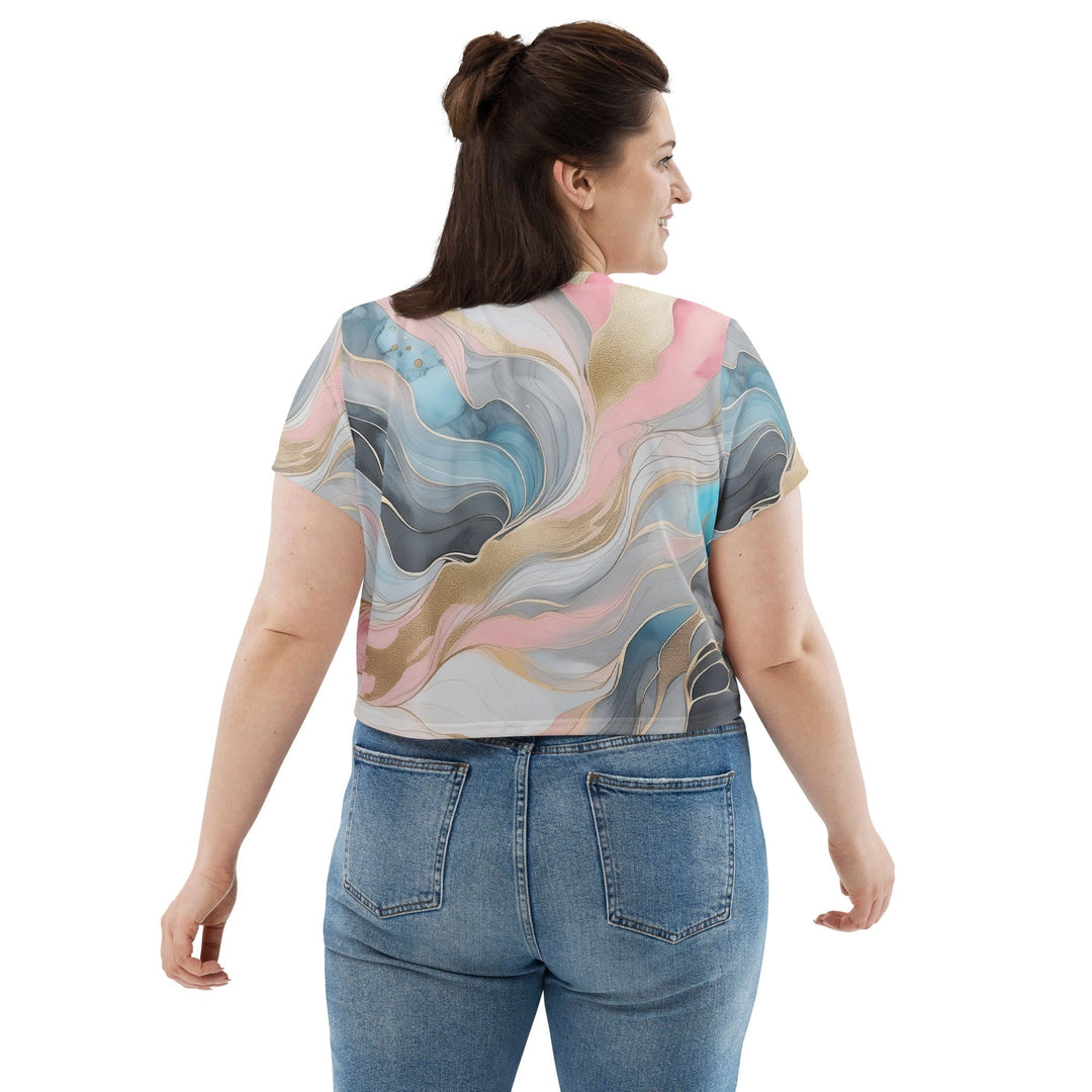Womens Stretch Fit Crop Tee T-shirt Jersey - Marble Cloud of Grey Pink Blue 3