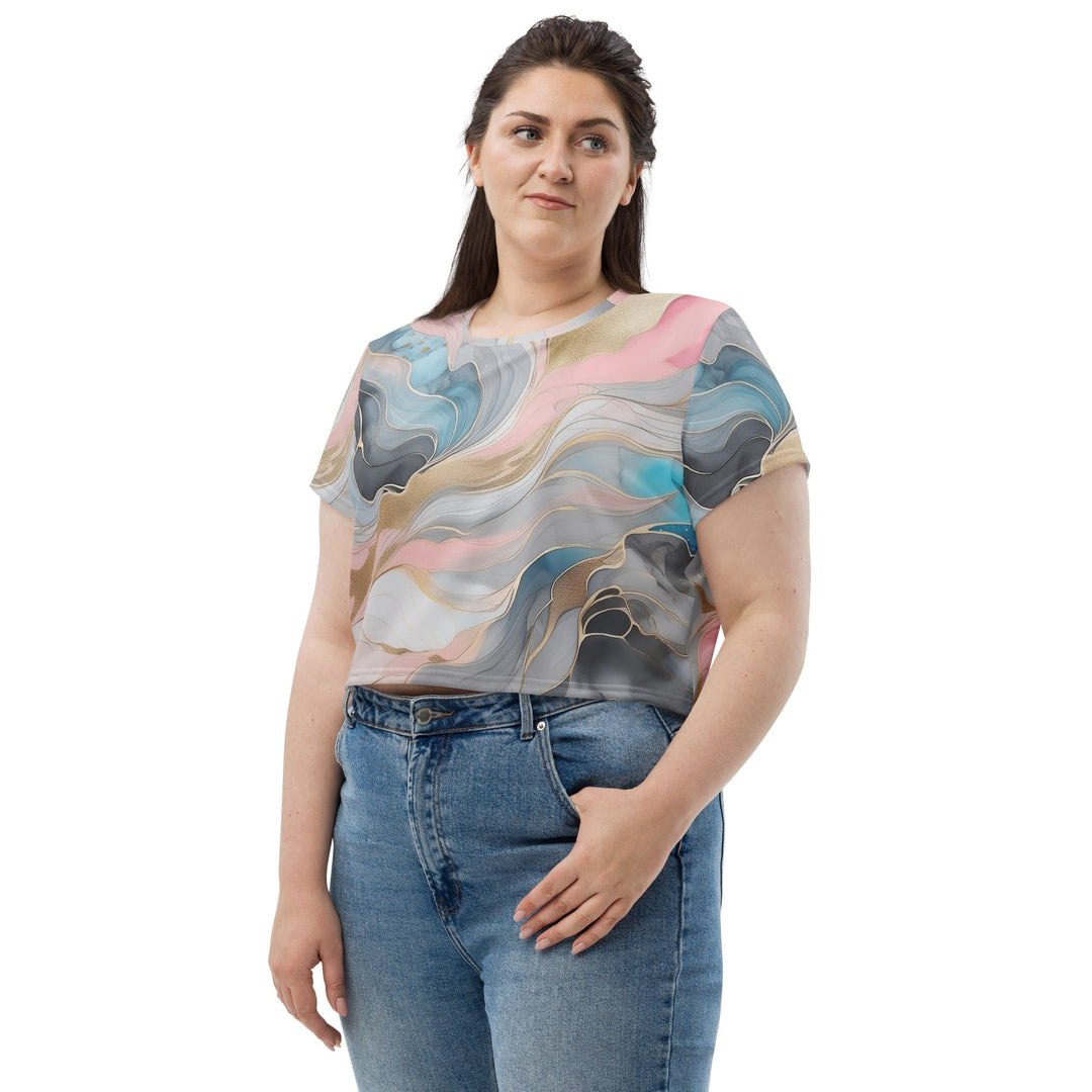 Womens Stretch Fit Crop Tee T-shirt Jersey - Marble Cloud of Grey Pink Blue 3