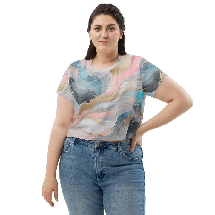 Womens Stretch Fit Crop Tee T-shirt Jersey - Marble Cloud of Grey Pink Blue 3